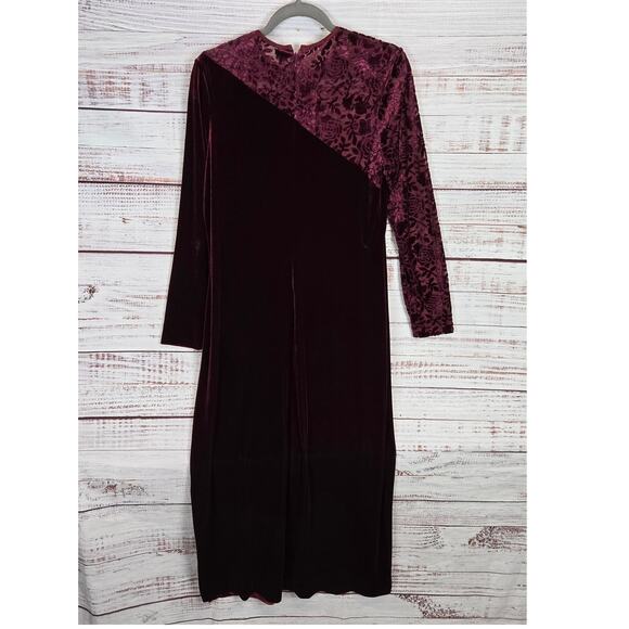 Vtg Coldwater Creek Velvet Lace Burgandy Midi Dress Size 10 Long Sleeve Holiday - Picture 2 of 14